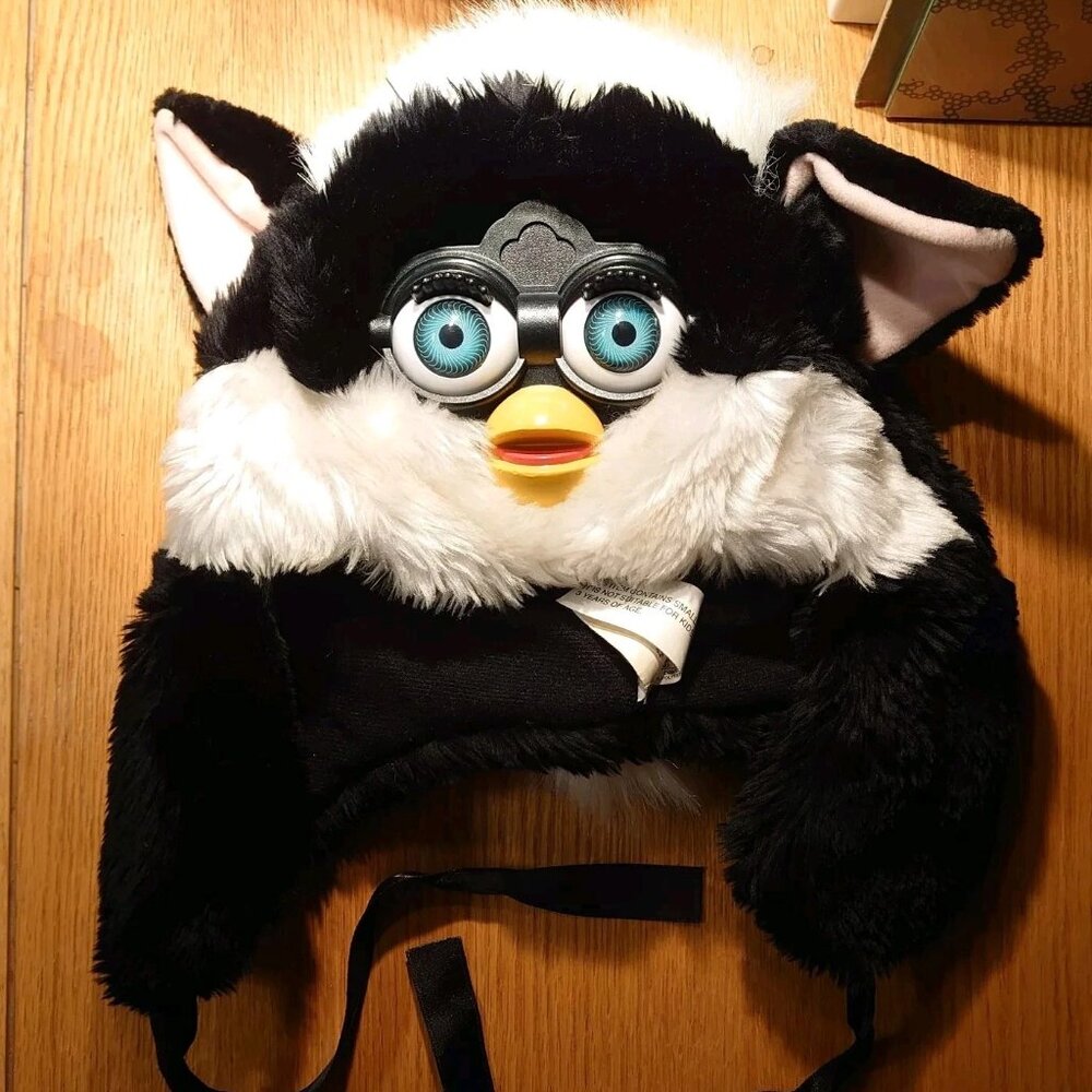 1999 Furby Hat Black White Skunk Tiger RARE Y2K Nostalgia Funky Fluffy 90s Furry